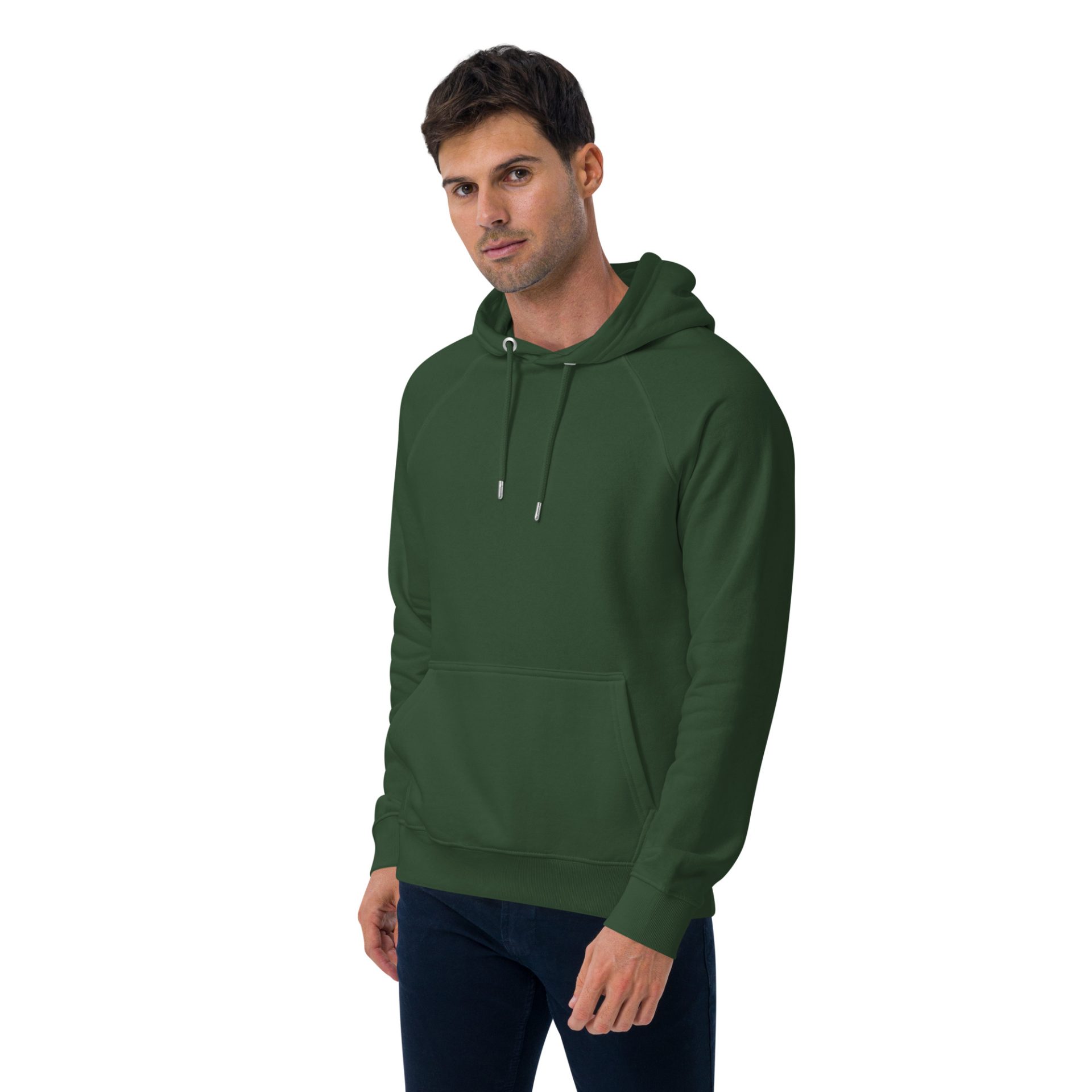 Unisex eco raglan hoodie bottle green left front 69125384d0a60.jpg