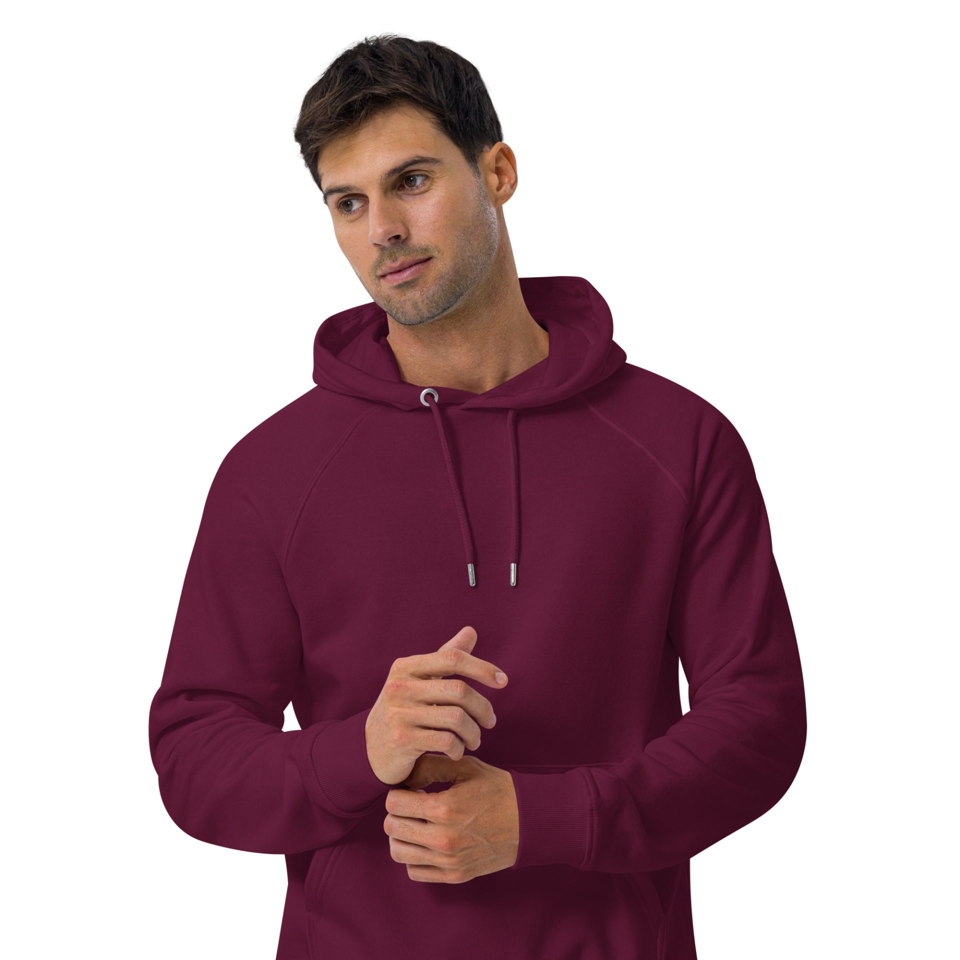 Unisex eco raglan hoodie burgundy front 3 69132cbe6c506.jpg