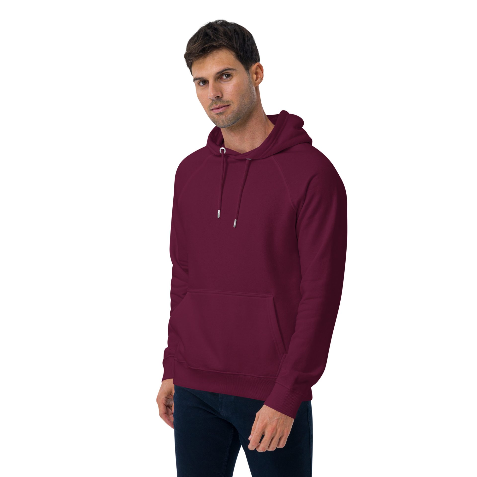 Unisex eco raglan hoodie burgundy left front 69132b778e748.jpg
