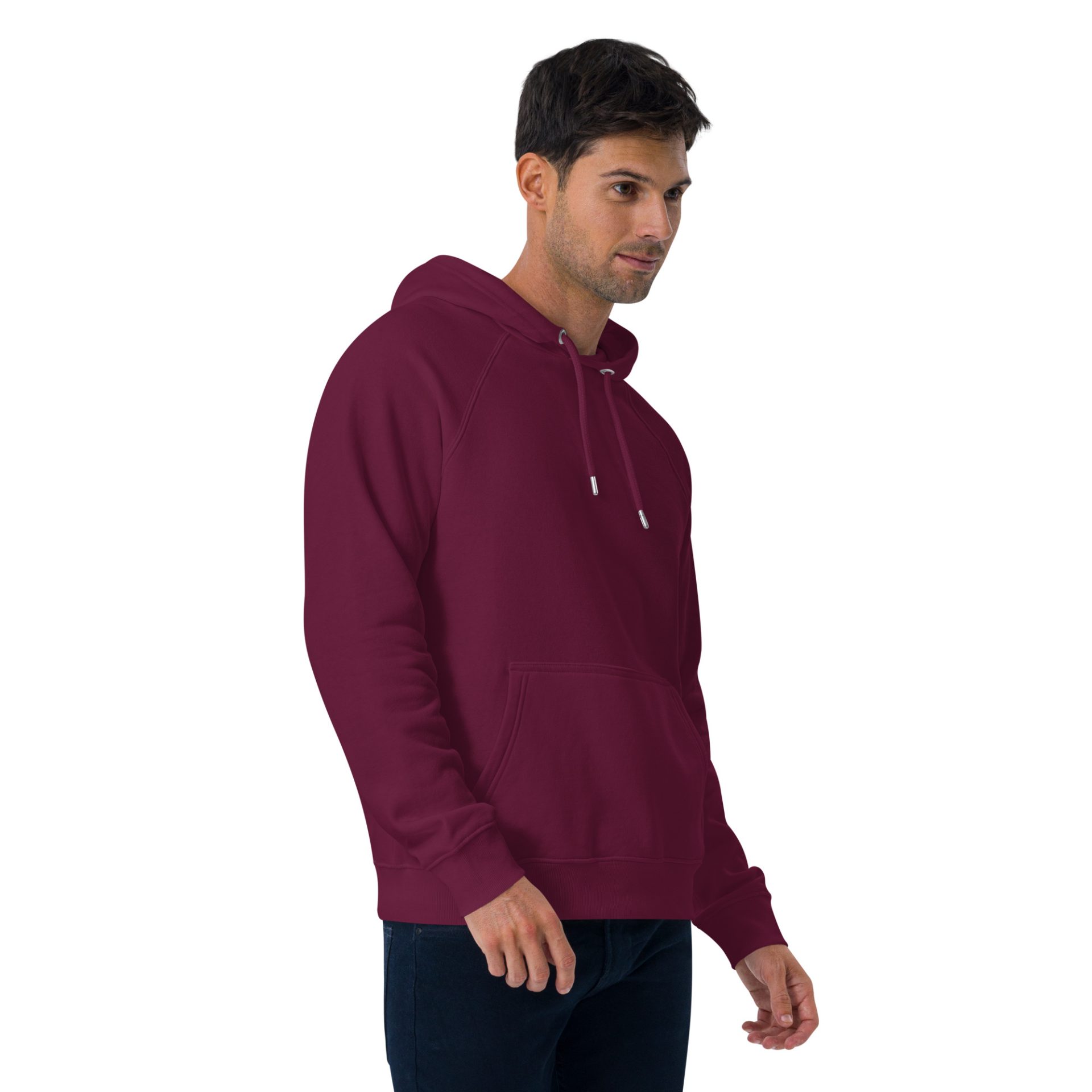 Unisex eco raglan hoodie burgundy right front 69125384c3f2f.jpg
