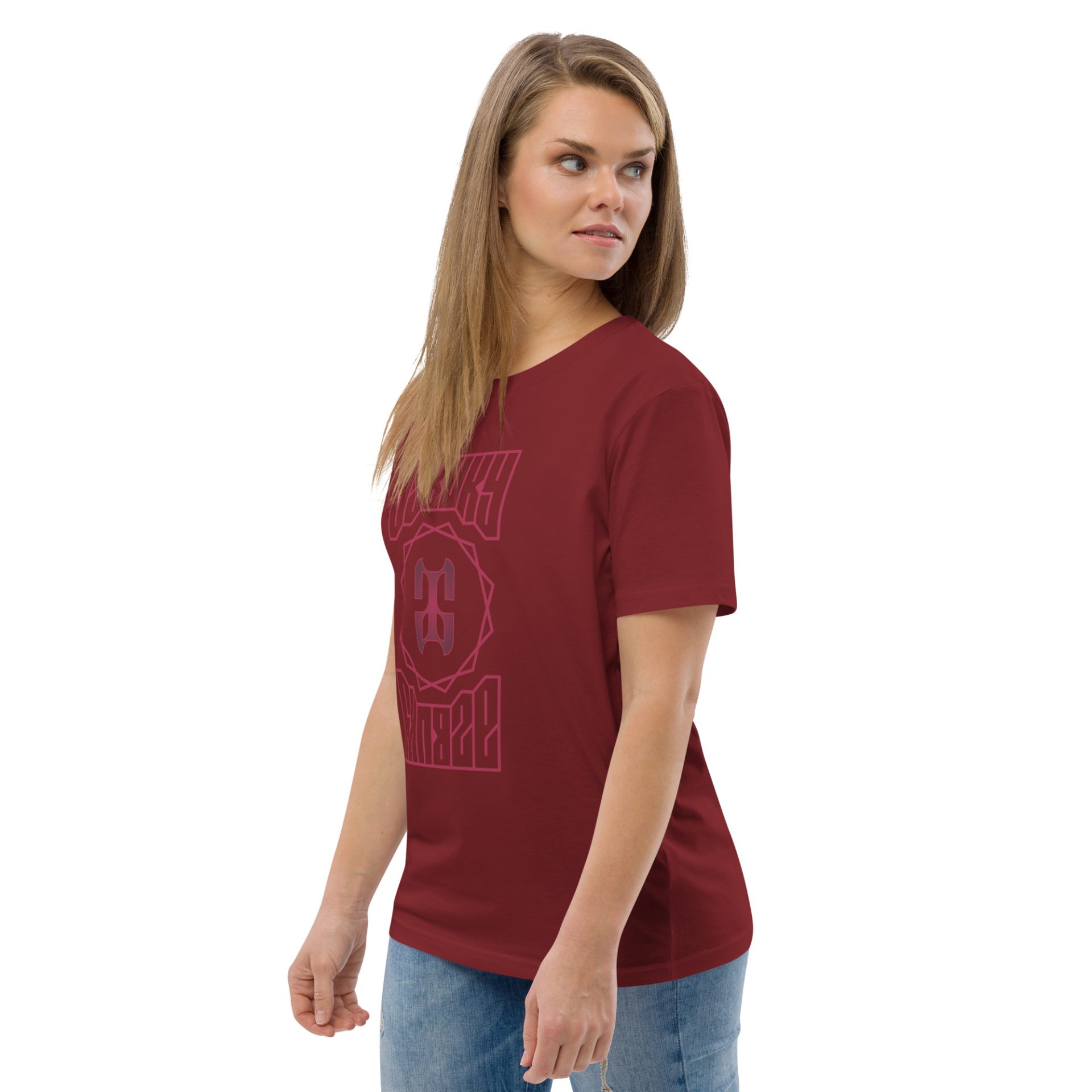 Unisex organic cotton t shirt burgundy left front 691254d506427 1.jpg