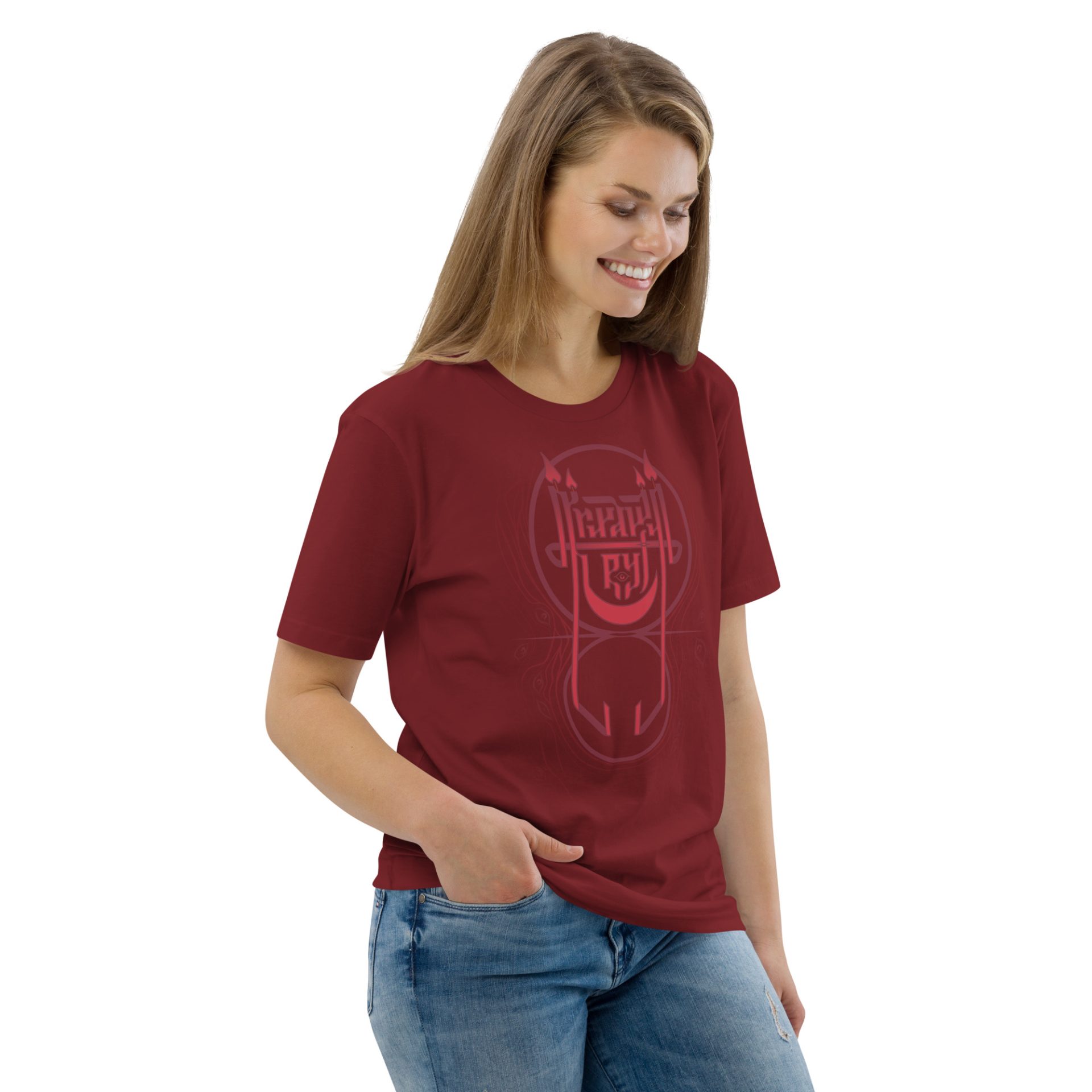 Unisex organic cotton t shirt burgundy right front 69132c482f9c6.jpg